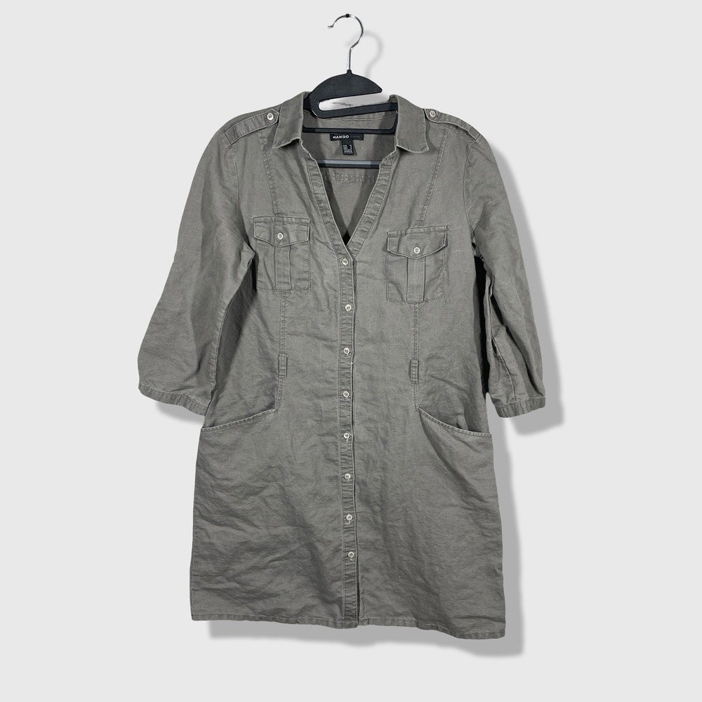 Mango Shirt Dress‎ Womens Small Olive Green Utility Safari Linen Blend Casual